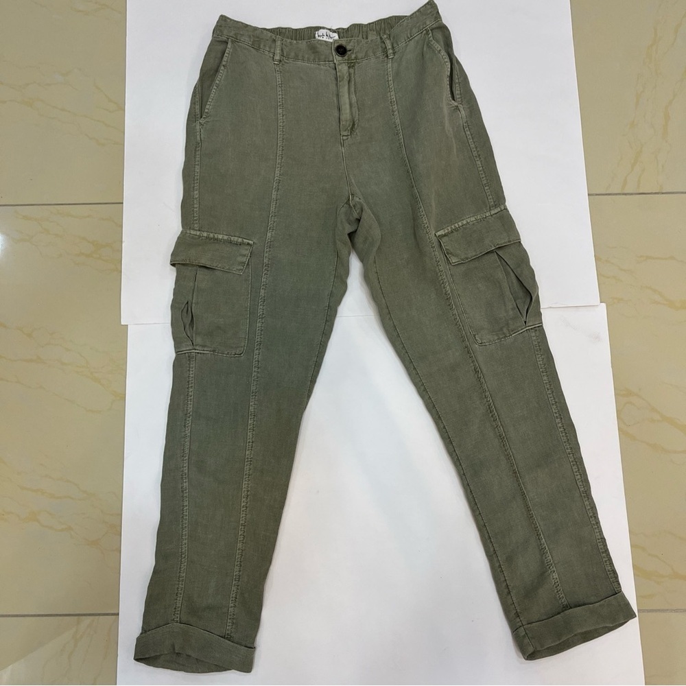 Nicole Miller‎ New York Women Cargo Pants Cropped Green Linen Size S